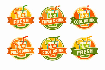 Naklejka premium Bright set of cool fruit drink logos with ice, citrus slices, and drinking straws