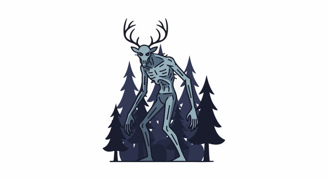A skeletal creature with antlers stands in a dark forest