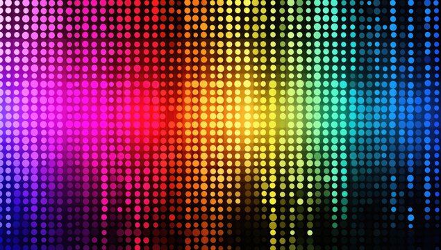 A vibrant, abstract digital art piece comprised of a grid of colorful circles, creating a rainbow gradient effect