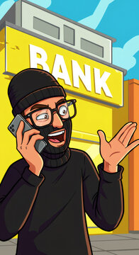 Man thief in ski mask talking on phone near bank, scam concept.