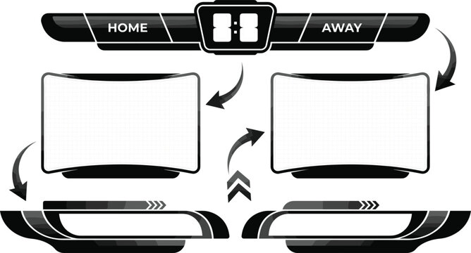 Professional Sports Broadcasting Lower Third Overlay Set Featuring Digital Scoreboards and Customizable Empty Windows in Modern Black Glossy Aesthetic