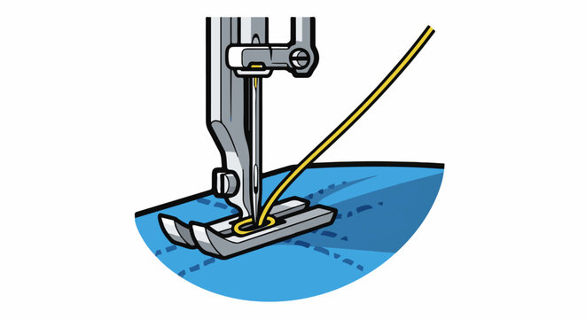 Close-up of a sewing machine needle and foot stitching blue fabric