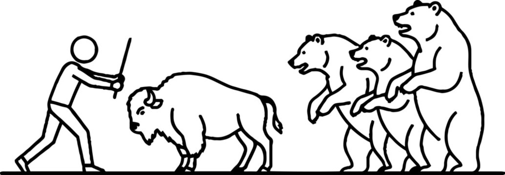 Man guiding bison while facing group of bears