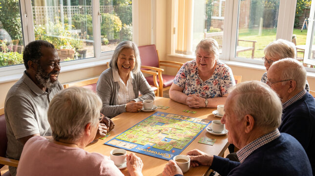 Shared Moments: A group of seniors gather around a table to do a puzzle together. A scene of friendship and mental stimulation.