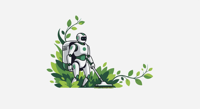 Futuristic robot cleans lush green foliage with a brush attachment