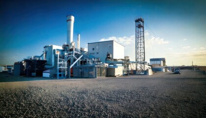 Fototapeta premium Industrial Power Plant Complex Under a Clear Blue Sky.