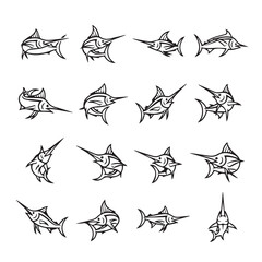Fototapeta premium Collection of stylized marlin fish icons in dynamic poses on a clean white background for sport fishing themes