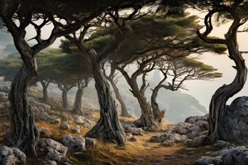 Fototapeta premium Ancient cypress like trees with twisted trunks rise from a rocky ground, creating an ethereal forest path