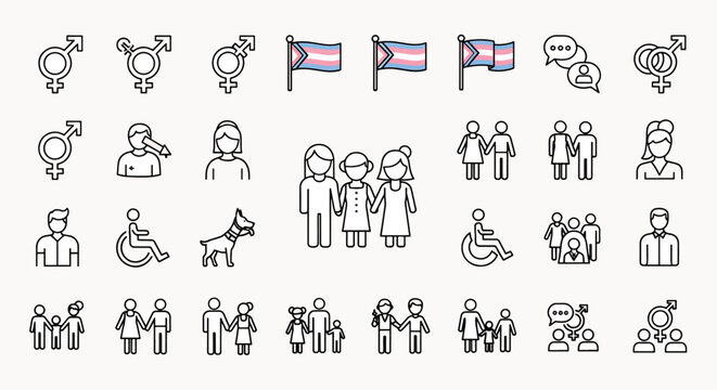 Set of modern transgender and LGBTQ+ pride symbols icons representing diversity gender identity relationships and community