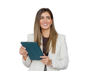 Fototapeta premium Confident business woman holding digital tablet and smiling, looking away with transparent background