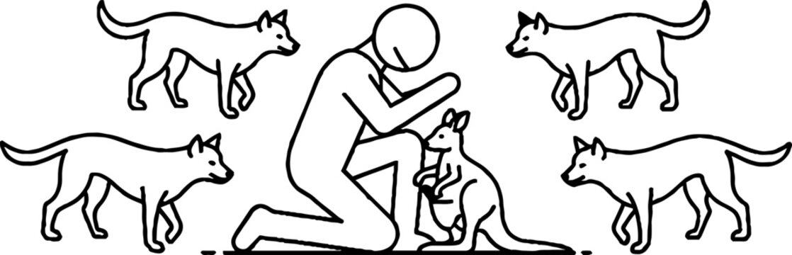 Person kneeling with kangaroo and wild dingoes