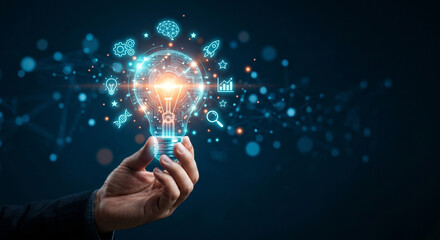 Innovative business idea and creative technology concept with glowing lightbulb hologram © YASAWARDHANA