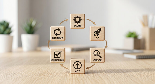 Continuous improvement PDCA cycle concept with wooden blocks on desk