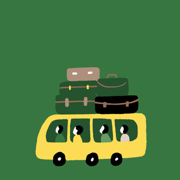 Illustration of a yellow bus loaded with luggage on the roof