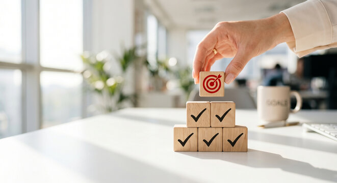 Goal achievement concept with hand placing target wooden block on checkmark pyramid