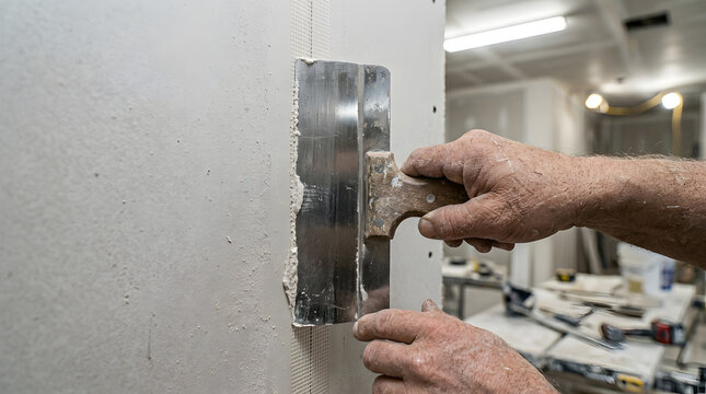 Applying joint compound to drywall seams | Professional drywall taping and finishing | Home renovation wall repair project | Using a taping knife on gypsum board | Interior construction and plastering