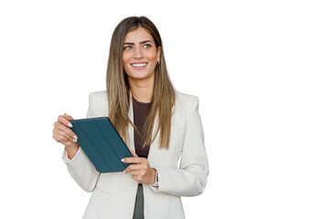 Fototapeta premium Professional business woman smiling and holding a digital tablet, looking away for a bright future concept, transparent background