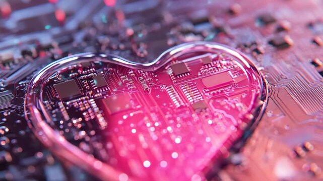 Bright pink heart shaped electronic processor embedded into detailed circuit board with soft glowing light romantic digital technology symbol modern electronics design futuristic macro composition