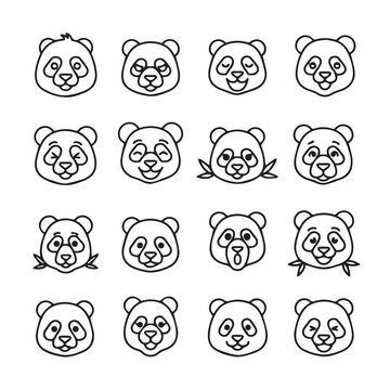 Cute panda faces expressing various emotions with simple line art style on white background