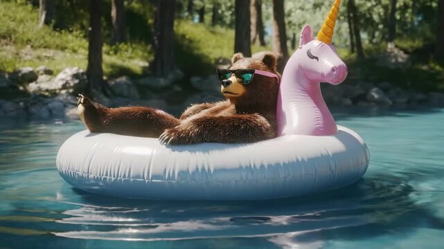 Bear relaxing on unicorn float with sunglasses in forest pond