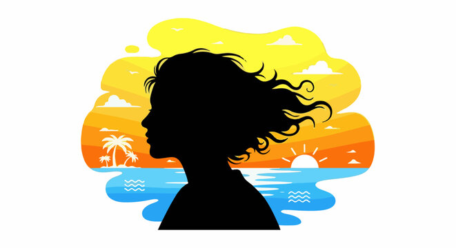 Silhouette of a woman's profile against a vibrant sunset beach scene