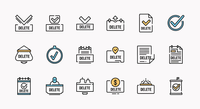 Delete icon set, vector graphic collection featuring various delete and remove symbols, checkmarks and document icons