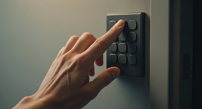 Hand entering security code on digital keypad lock close up