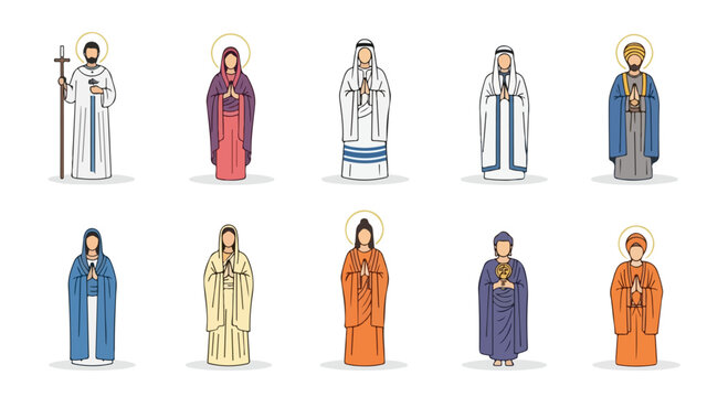 Religious leaders and clergy flat vector icons set, diverse spiritual figures in traditional robes, 10 multicultural priest and monk characters