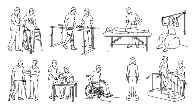 Physical therapy line art icons, rehabilitation exercises and physiotherapy treatment set, medical recovery and patient mobility vector illustrations