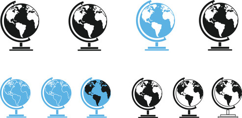 Globe icon collection featuring world map education geography and international communication symbols isolated on background © MdMojibar