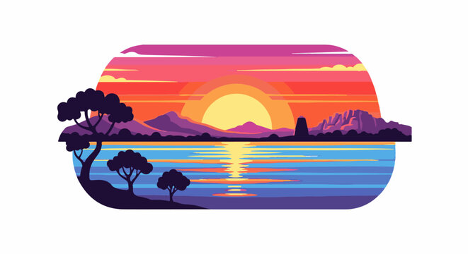 Stylized pixel art sunset over a tranquil lake with silhouetted trees
