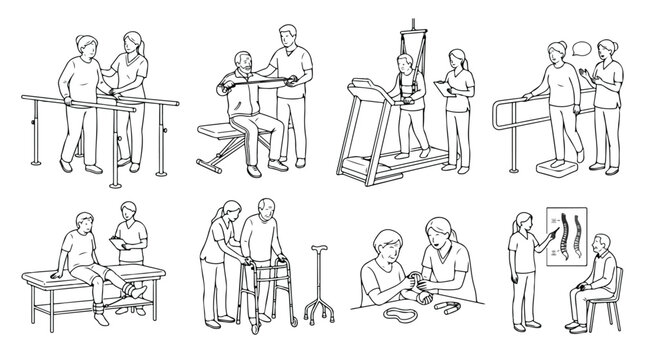 Physical therapy line art icons, rehabilitation medical treatment set, physiotherapist assisting patients with exercise and recovery, 8 vector illustrations