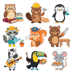 Cute Professional Animal Icon Set Featuring Professor Owl Carpenter Beaver Scientist Penguin Gardener Raccoon Mailman Squirrel Carpenter Bear Musician Zebra Artist Toucan and Baker Mouse in Cartoon © Yin