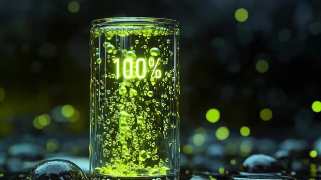 Transparent futuristic battery glowing with green energy and digital percentage indicator symbolizing renewable power storage sustainability technology concept with liquid inside and neon lighting