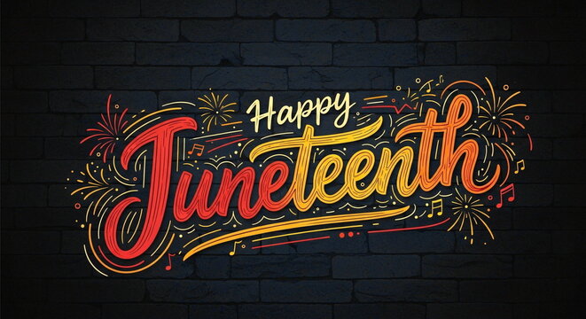 Happy juneteenth festive typography with fireworks and musical notes on a dark brick wall background.