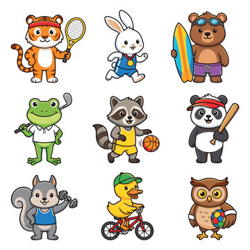 Collection of cute cartoon animals playing various sports and engaging in leisure activities.