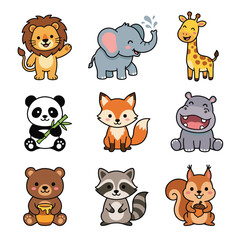Fototapeta premium A collection of nine cute cartoon animals including a lion, elephant, giraffe, panda, fox, hippo, bear, raccoon, and squirrel, isolated on white.