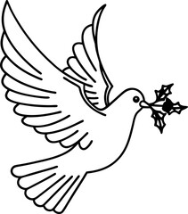 Obraz premium Dove flying with holly branch in beak, symbol of peace and holiday season outline design