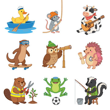Cute Animal Profession and Hobby Icon Set Featuring Sailor Duck Climbing Mouse Musician Cow Skater Otter Scout Owl Hiking Hedgehog Gardener Beaver Soccer Frog and Fishing Skunk in Cartoon Style