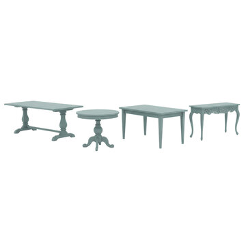 four pristine vintage-style wooden tables (trestle, pedestal, dining, console) painted in matte muted teal, hyperdetailed and isolated against a transparent background. high-end commercial catalog
