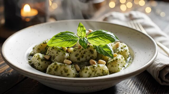 Hands sprinkle fresh basil leaves on a plate of gnocchi. Gnocchi served on a rustic wooden table. Candlelight creates soft glow. Concept of Italian cuisine, food presentation, dining experience