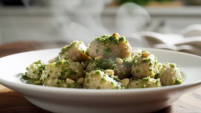 Dish of gnocchi topped with green sauce and herbs. Food is displayed on wooden table in modern kitchen. Concept of restaurants, catering, culinary arts