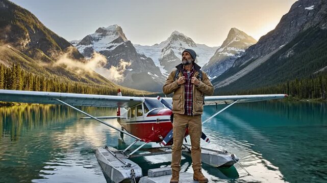 Man on floatplane pontoon in mountain lake with snowy peaks