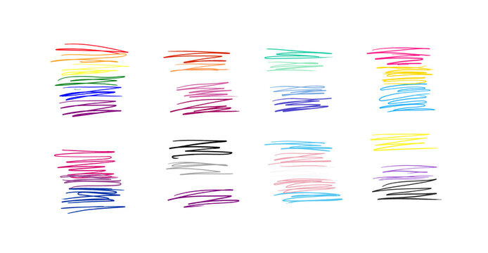 Abstract LGBT flag set in doodle scribble style. Rainbow color swatches isolated. LGBTQ, lesbian, gay, homosexual, bisexual skecthes. Pride design for equality, identity, and