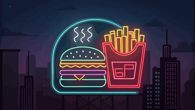 Neon sign of a burger and french fries against a dark cityscape at night, retro digital illustration of fast food diner icon in synthwave style