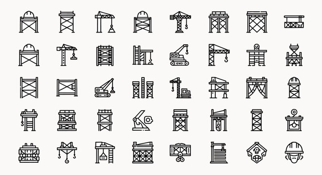 Construction site elements collection, scaffolding towers, cranes, and architectural building modules, clean line art icons set