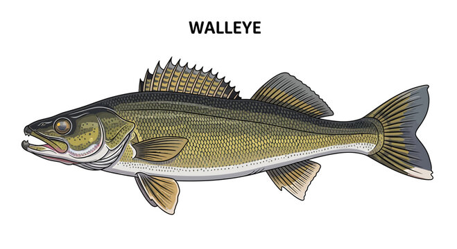 Walleye Freshwater Game Fish Profile with Gold and Green Scales