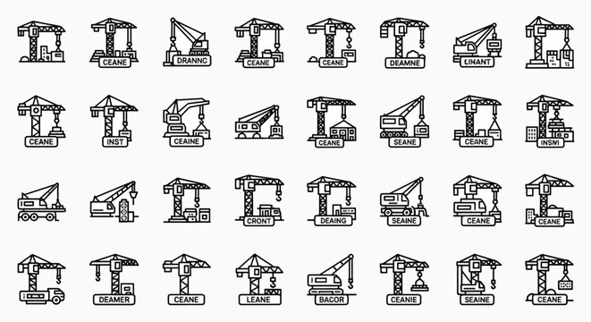 Collection of Various Crane Icons Flat Line Style Set Including Construction Cranes And Mobile Cranes Vector Illustration