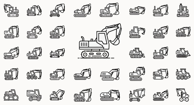 Collection of Various Excavator Icons and Illustrations on a White Background Diverse Construction Equipment Set