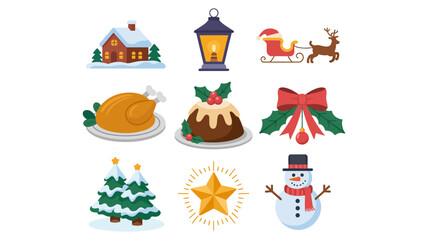 Fototapeta premium Set of traditional christmas holiday icons including festive food decorations and winter scenes with christmas